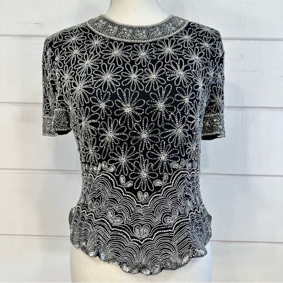 Tenue Soirée Papell Boutique En Soie Brodée Perles - Taille 8 EU - Navy Et Argent - Occasion